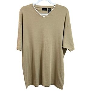 EUC, Claiborne Men’s Sz XXL Tan with Cream Trim V-Neck, Ribbed Short Sleeve Polo